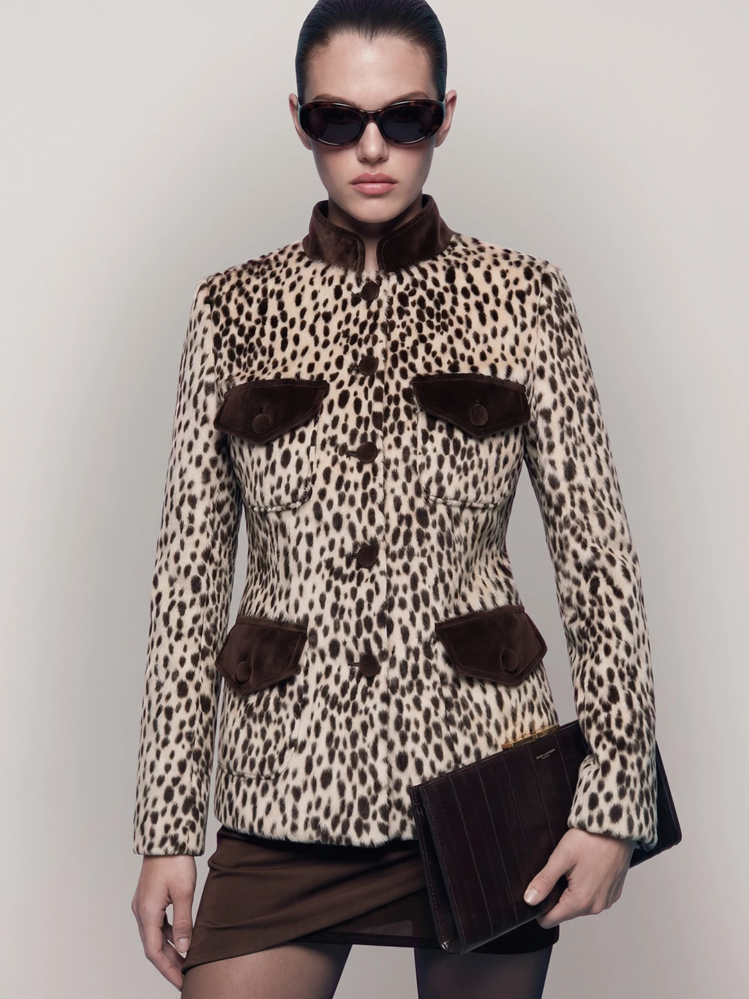 Laur Women Faux Fur Jacket Stand Collar Spotted Print Slim Coat Velvet Pocket Decor Winter Fashion Outerwear 2026 261016