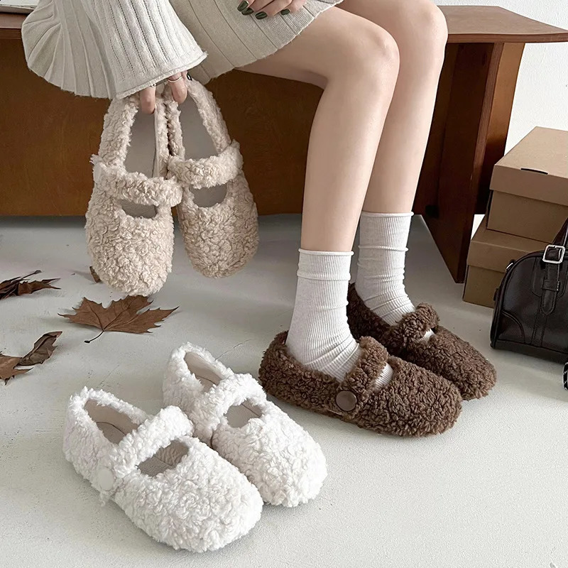 White French Mary Jane flat-bottomed fluffy shoes for women's 2024 autumn and winter warm-soled beanie cotton shoes 261017