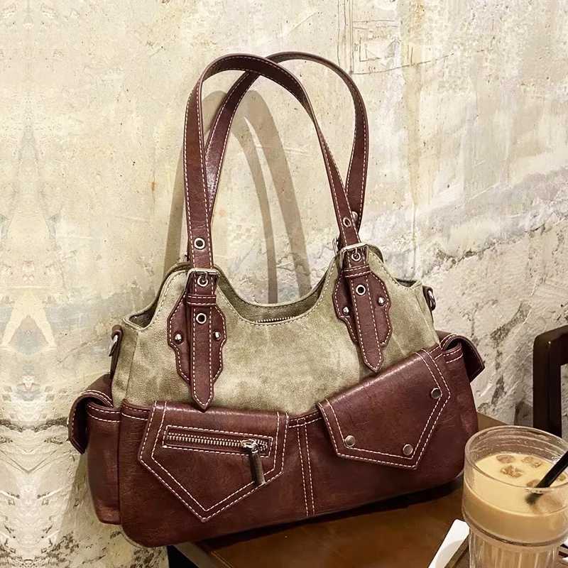 Evening Bags Moto Biker Bags For Women Designer Handbags Purses 2024 New Canvas With PU Top Handle Y2K Small Underarm Shoulder H261016