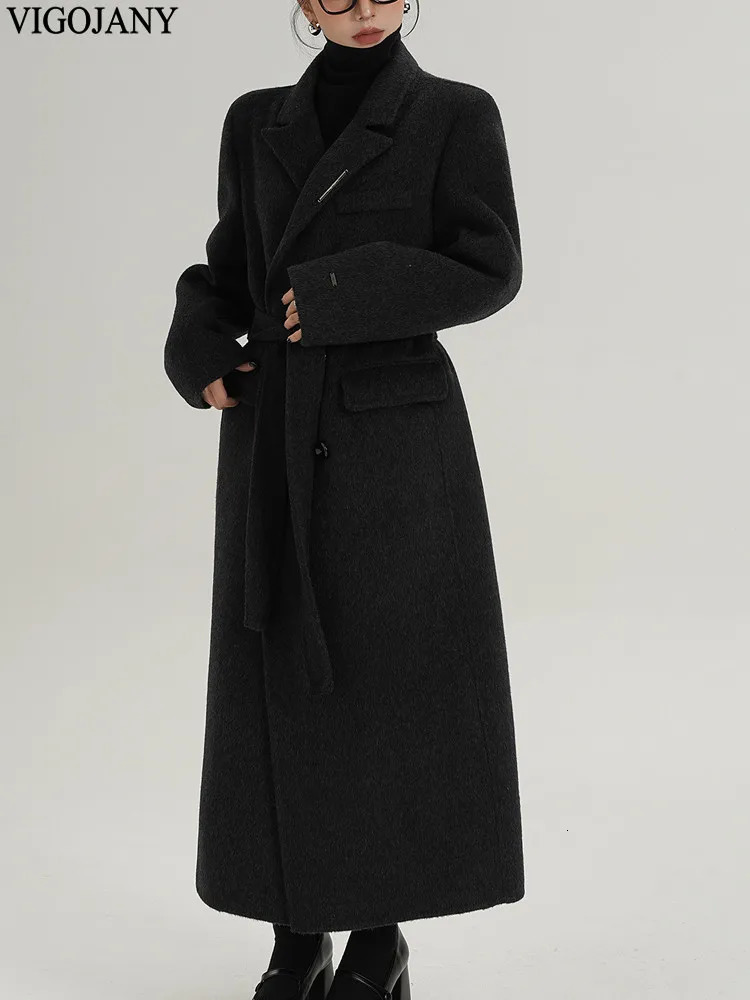 Winter Women Turndown Collar Nature 100 Wool Long Coat 2026 Sleeve Elegant Cashmere Jacket Casual Button Black Woolen 261010