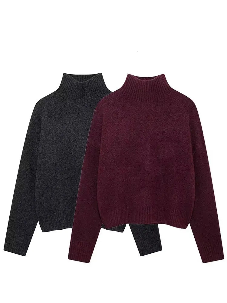 HH Women Vintage Burgundy Turtleneck Sweater Casual Long Sleeve Knitted Pullover Autumn Winter Solid Warm Knitwear 261008