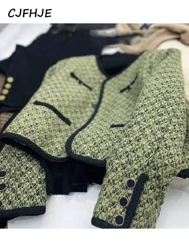 CJFHJE Women's Chic Green Brown Tweed Jacket Coat Spring Autumn Korean Fashion Long Sleeve Elegant Women Coat 261014