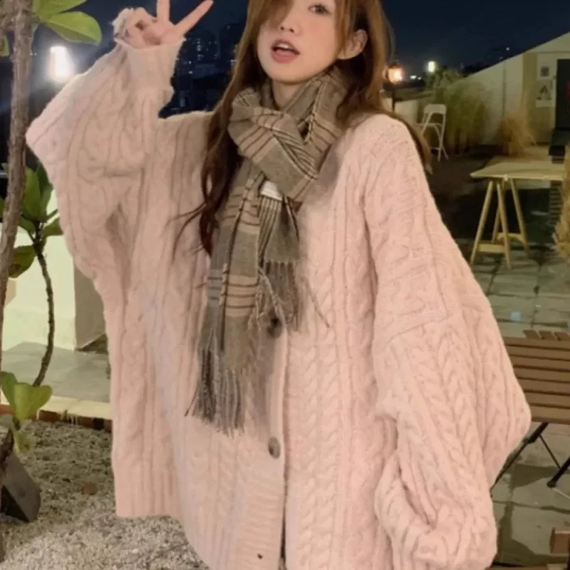 Twist Knitted Pink Sweater Woman 2024 Medium and Long Loose Lazy Autumn Winter Women n Gentle Cardigan Ladies 261012