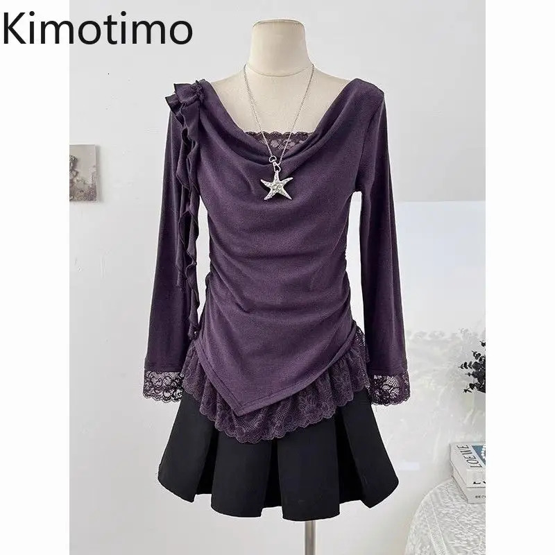 Kimotimo Women T-shirt Fashion Asymmetric Patchwork Lace Long Sleeve Ruffle Top Summer Temperament Folds Slim Fit Ruched Tees 261014