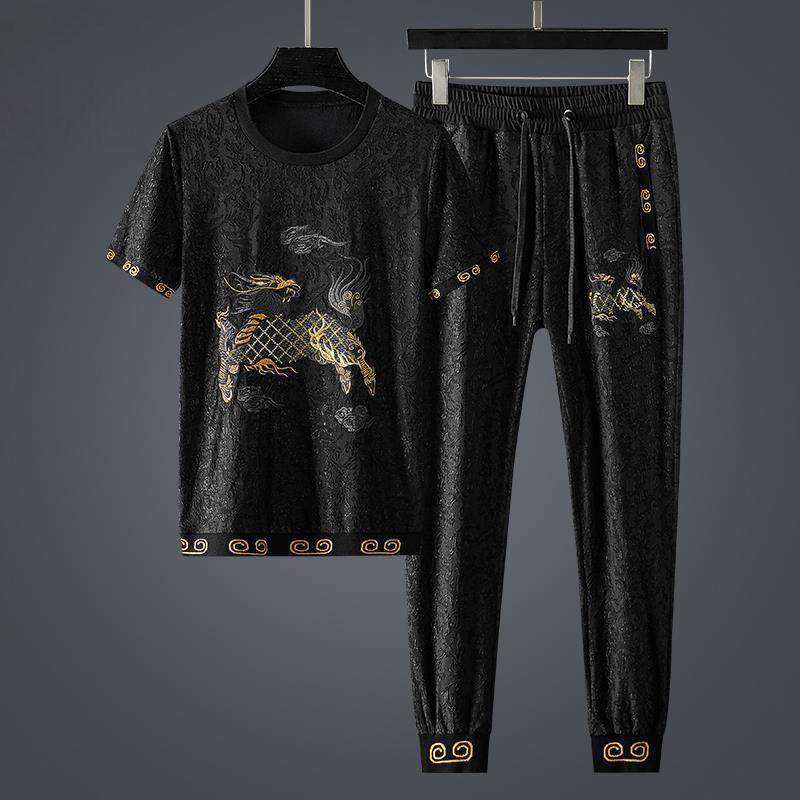 High end Chinese Style Embroidered Kirin short sleeve suit men's trend jacquard summer new large leisure sports two-piece set