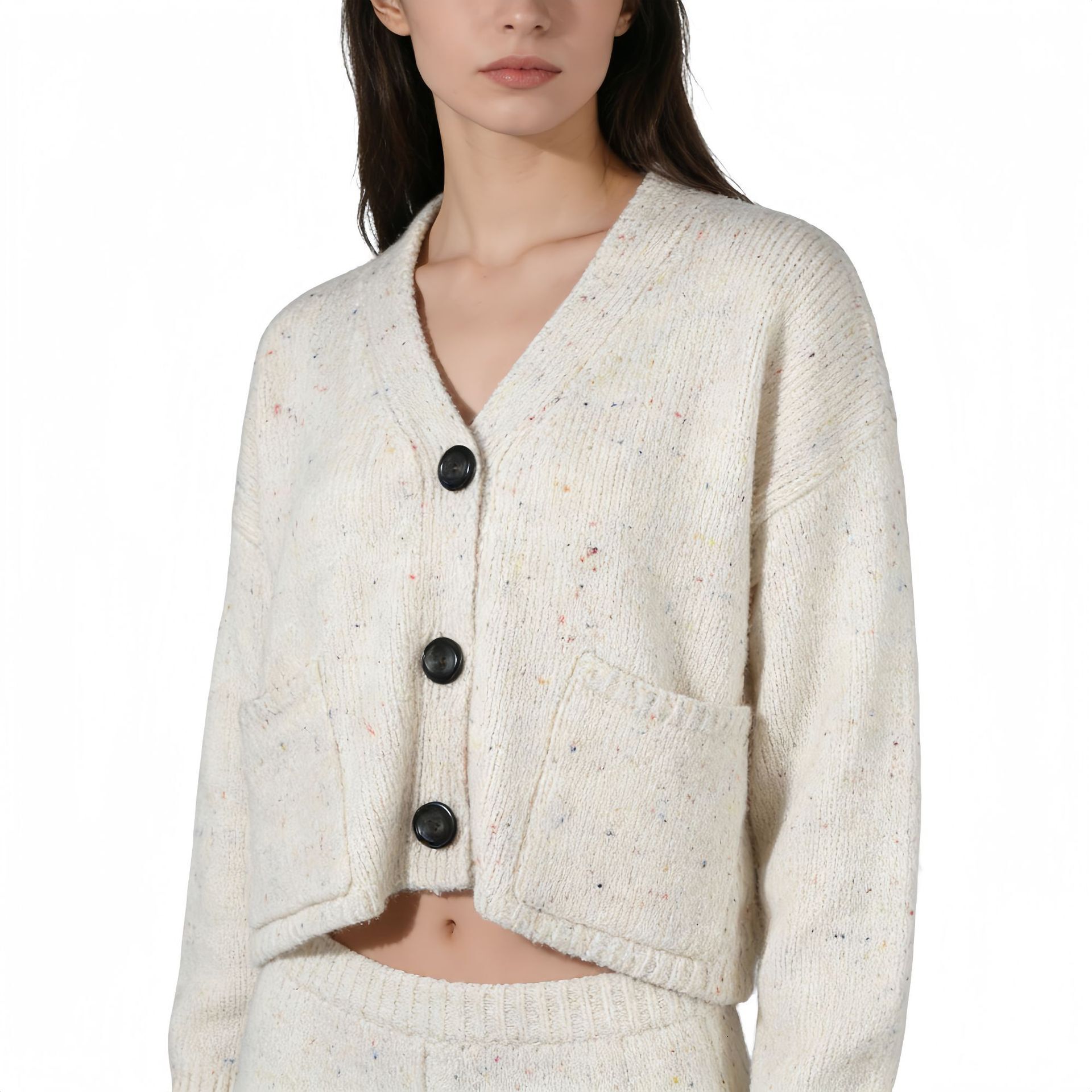 2026 New Designer Women's Sweater Simple Single Breasted Design Rainbow Dot Pattern Snow White Color Women's Export Quality Knitted Cardig