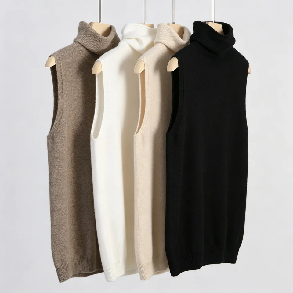 Women Merino Wool Sleeveless Pullovers Turtleneck Sweater Waistcoat Knitwear Spring Autumn Winter Fashion Vest Tops 261009