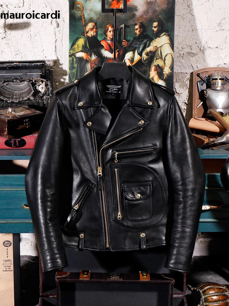 Mauroicardi Autumn Cool Handsome Short Black Hard Pu Leather Biker Moto Jacket Men y ner American Retro Clothing 261014