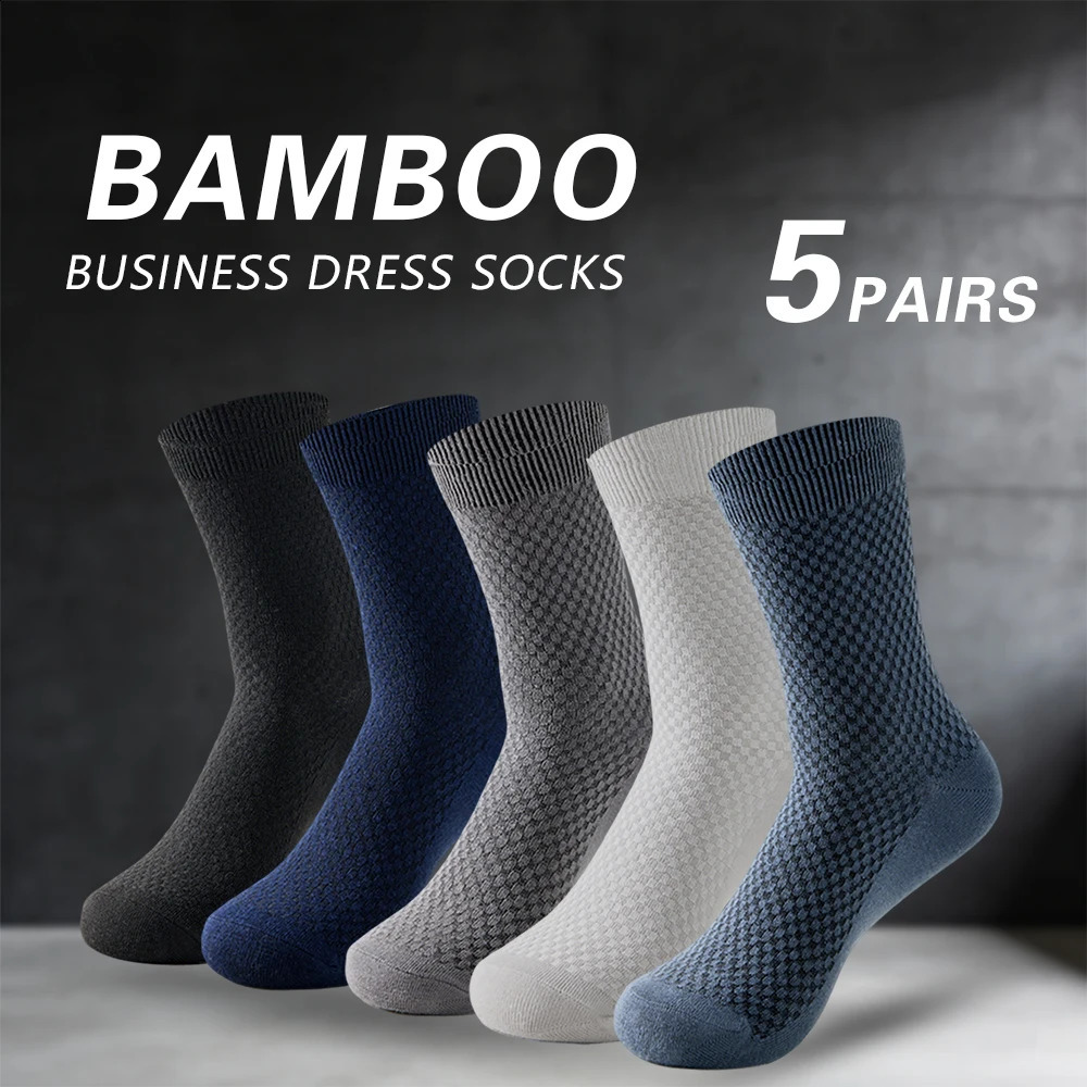 5 Pairs Mens Socks Classic Business Bamboo Fiber Sox Gift Crew Autumn Casual Dress Comfortable Breathable Compression Size3844 261017