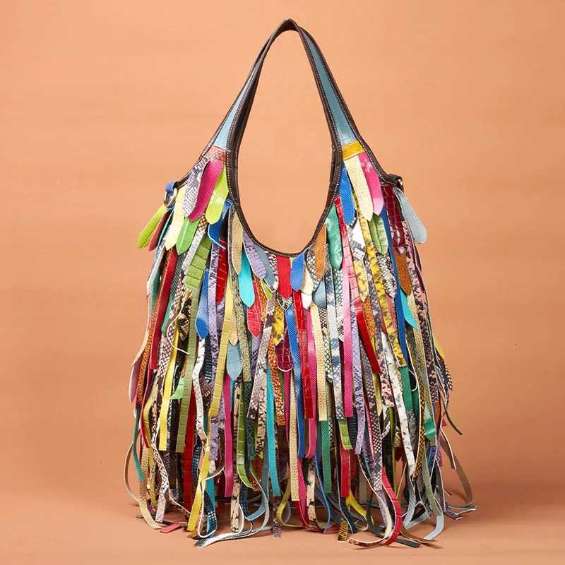 Evening Bags Colorful Real Sheepskin Shoulder Bags For Women Large Casual Slouchy Hobo Handbags Patchwork Leather Tassel Cross Body Purses H261016