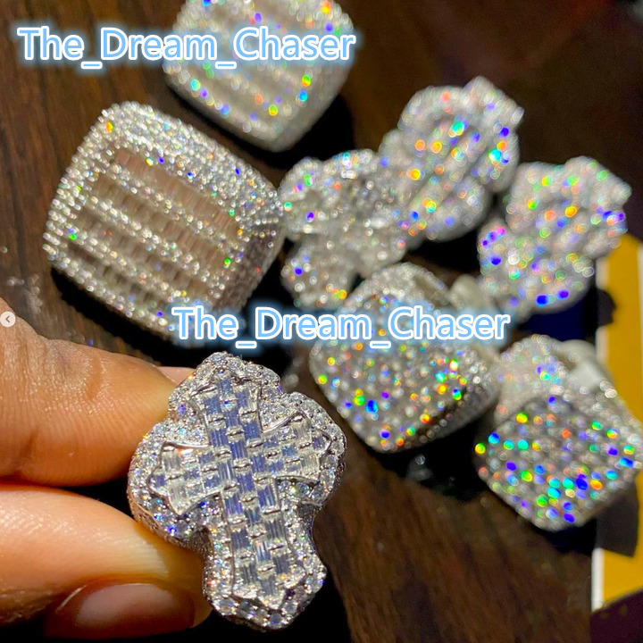 Square Shape Hiphop Fasion Vvs Moissanite Baguette Ring Platinum Men's Hip Hop Jewelry Cuban Chain Band with Diamond Tester Pass