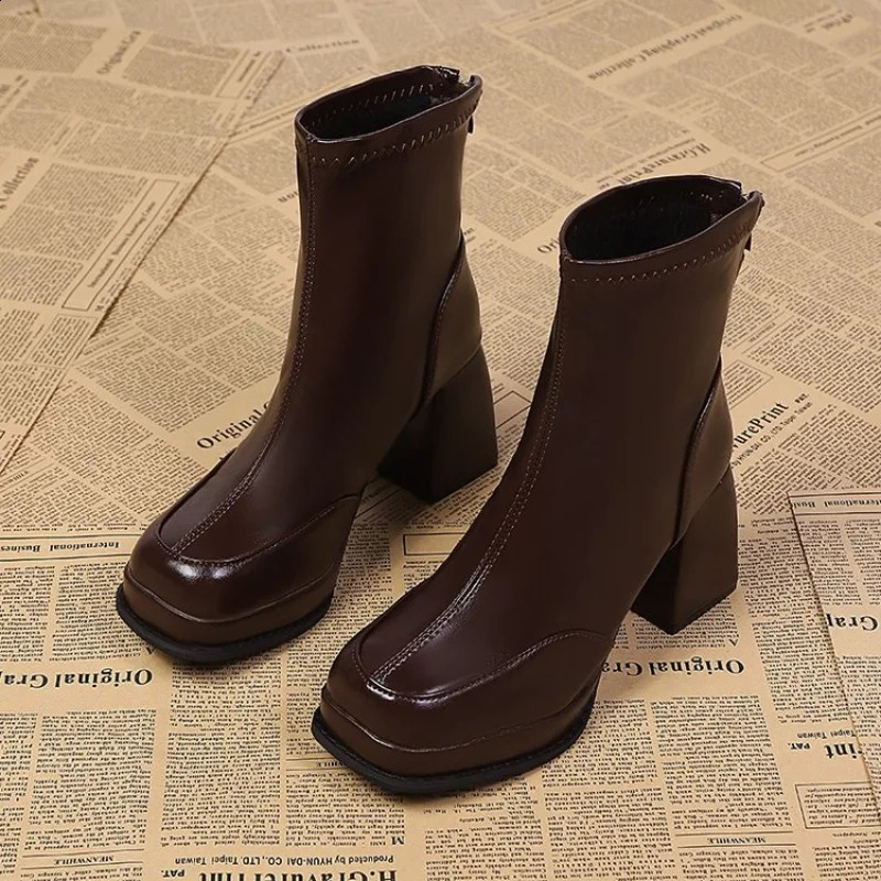 Women Platform Block Heel Ankle Boots Square Toe Back Zipper Platform Elastic Boots Vintage Fashion Booties for Fall Winter 261013