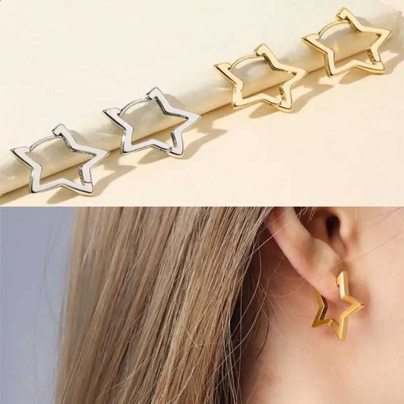 Fashion Glossy Hollow Star Hoop Earrings for Women Vintage Geometric Gold Color Ear Buckle Earring Christmas Jewelry Gift261016