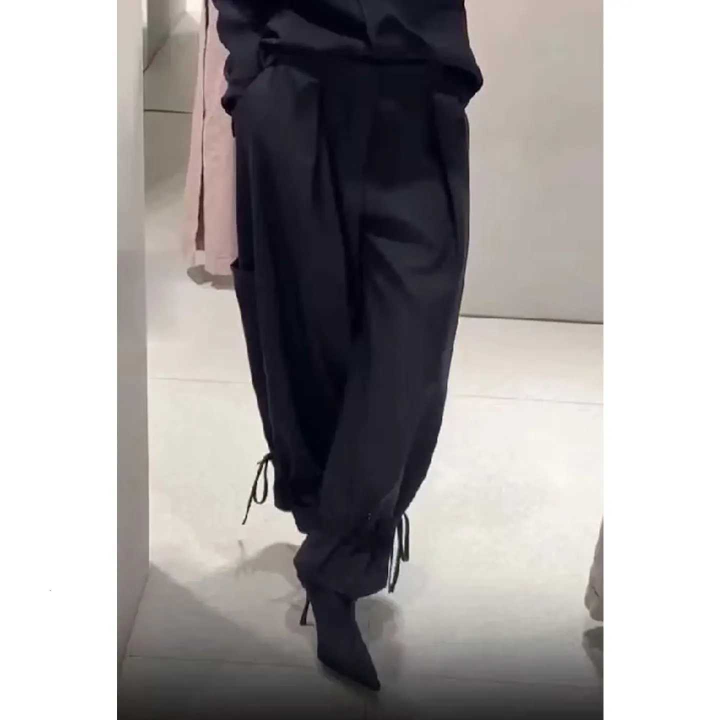 Leggings Capris Women's Women's Pants Spring Summer New Women's Minimalist Style Pleated Hem Lace Drawstring Tied Wide Leg Casual Pan