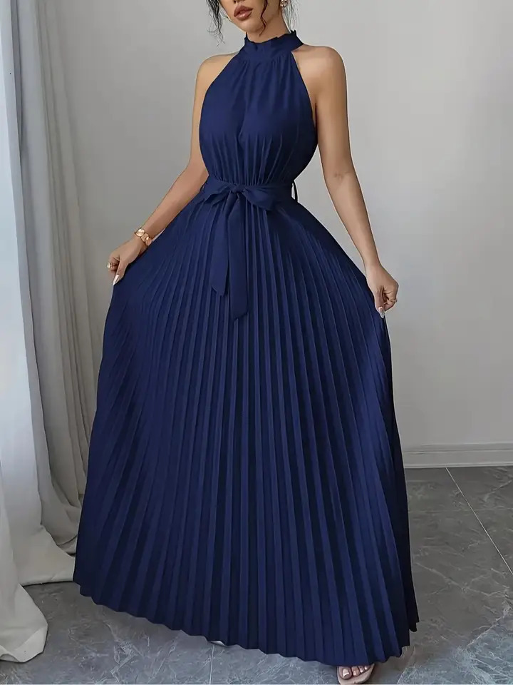 Elegant Halter Neck Off-Shoulder Dress Women's Summer Fashion Crinkle Loose Long Evening Wear with Waist Tie 261015