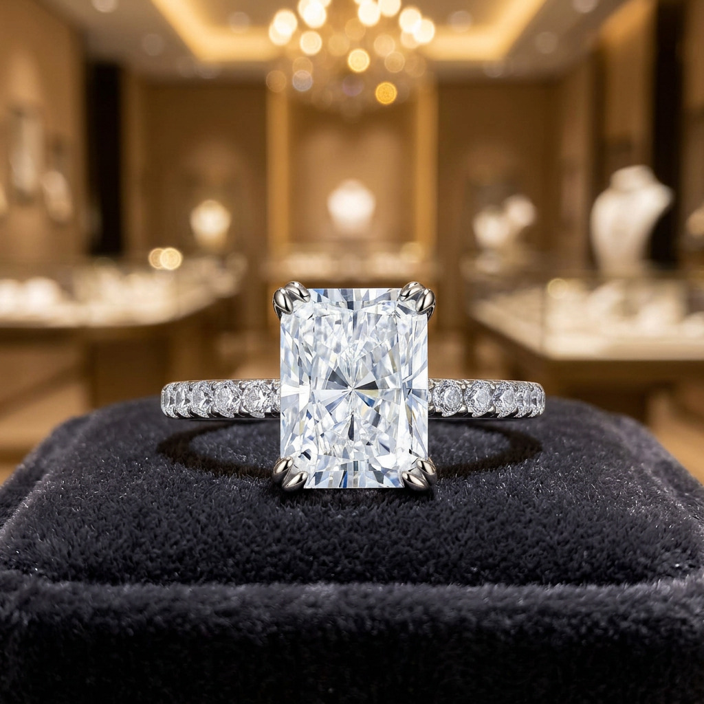 Radiant Cut Moissanite Engagement Ring 18K Solid Gold Prong Setting Classic Women's Wedding Band Pave Side Stones