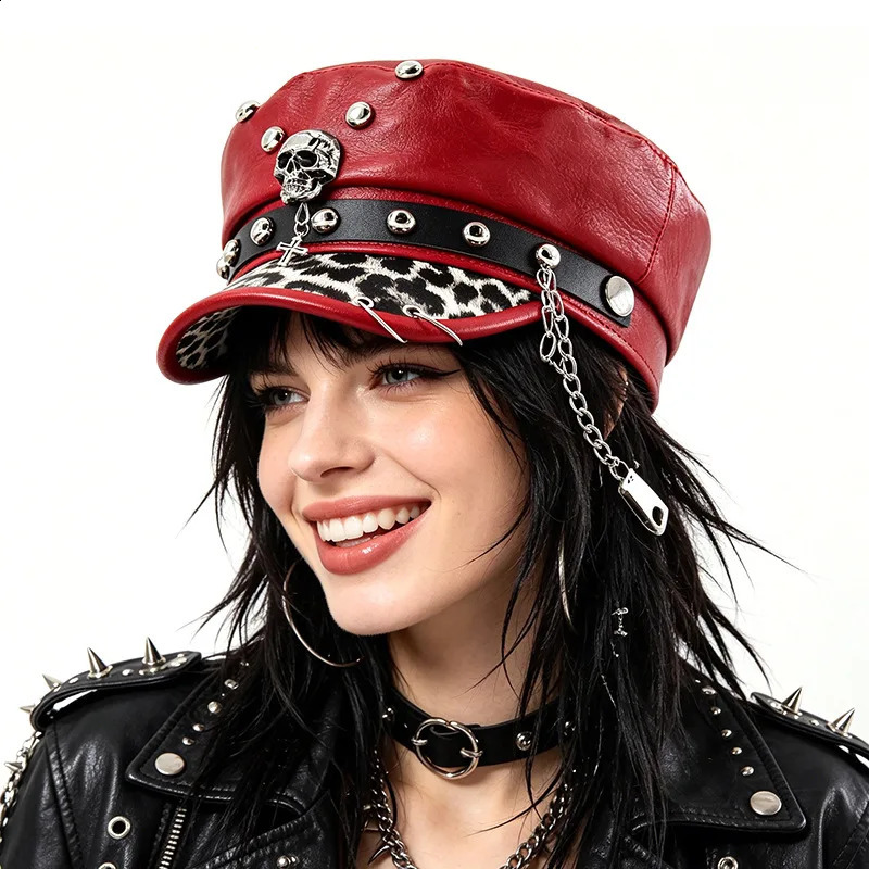 Women's Y2k Trendy Beret Fashion PU Leather Cool Punk Skull Spike Cap Flat Top Captain Military Caps Women's Accessories261016