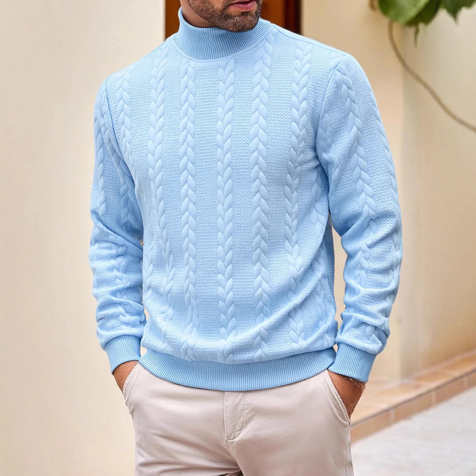 2026 Autumn Winter style Men's pure color casual pullover Sweater Men Loose Fashionable Jacquard Turtleneck Warm hoodie 261009