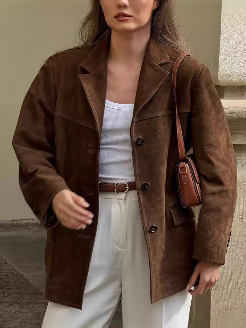 In stock American style autumn and winter vintage aviator jacket suede lapel loose fitting cardigan blazer cross border women s clothing MAKOUFEI