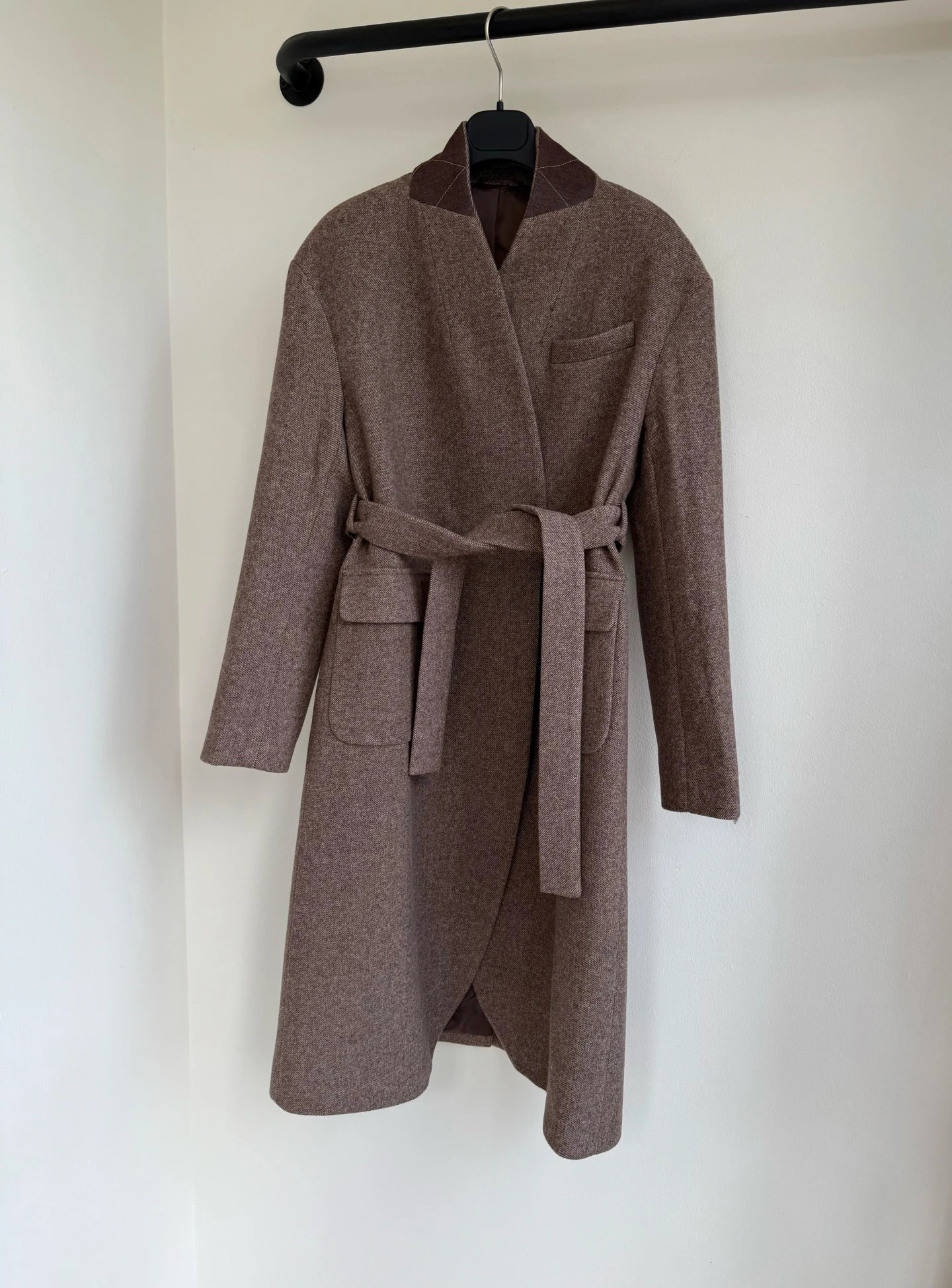 Wool Blend Belted Trench Coat For Women Slim Straight Long Jacket 261010