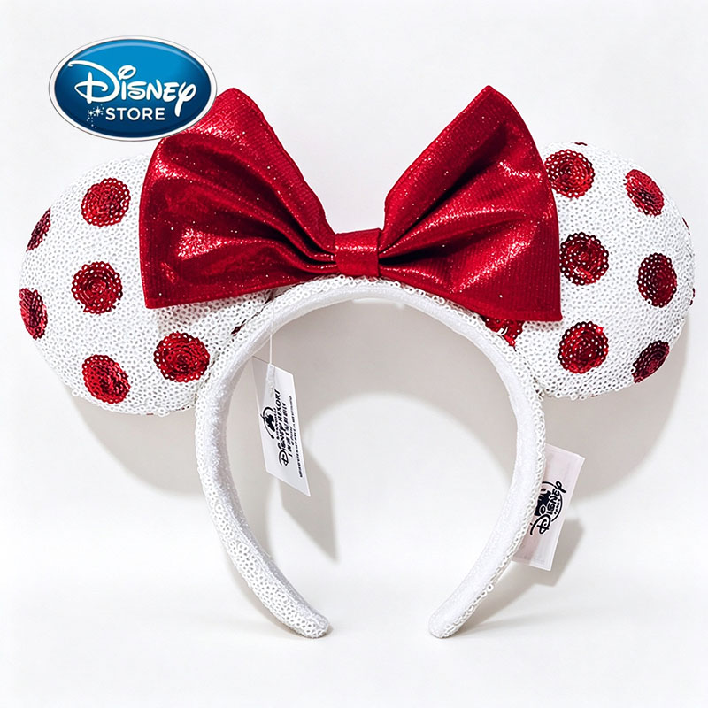 Disney Minnie Mickey Ears Headband White Sequin Mouse Ears With Red Polka Dots & Red Bow Costume Hair Accessories For Women Girls Theme Park Party