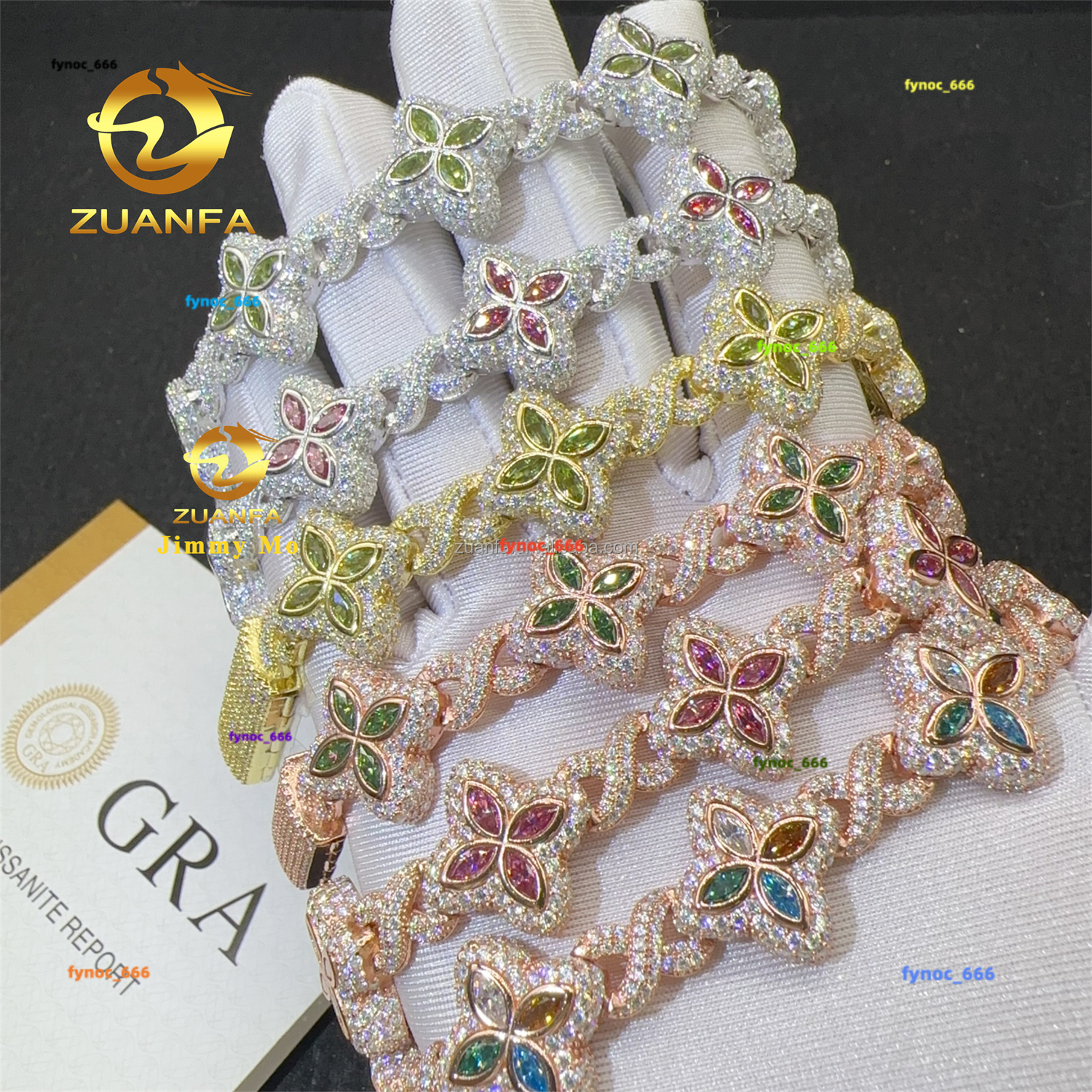 New Arrivals Stock Fashion 925 Silver Marquise Flower Hip Hop Jewelry Iced Out Moissanite Diamond Infinity Cuban Bracelet Men