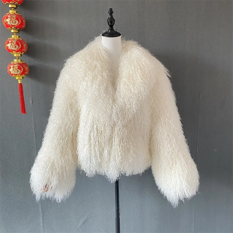 Mongolian Fur Coats Fur Lapel Jacket Women Elegant White Fluffy Solid Thicken Warm Long Sleeves Coats Winter Chic Oversize Lady 261015