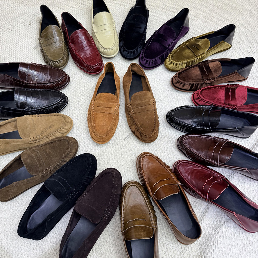 Men And Women Loafers Designer Couple Style Dress Shoes Suede Round Toes Genuine Leather Slip-On Retro Ruffled toe Casual shoes Size 35-47 With Box