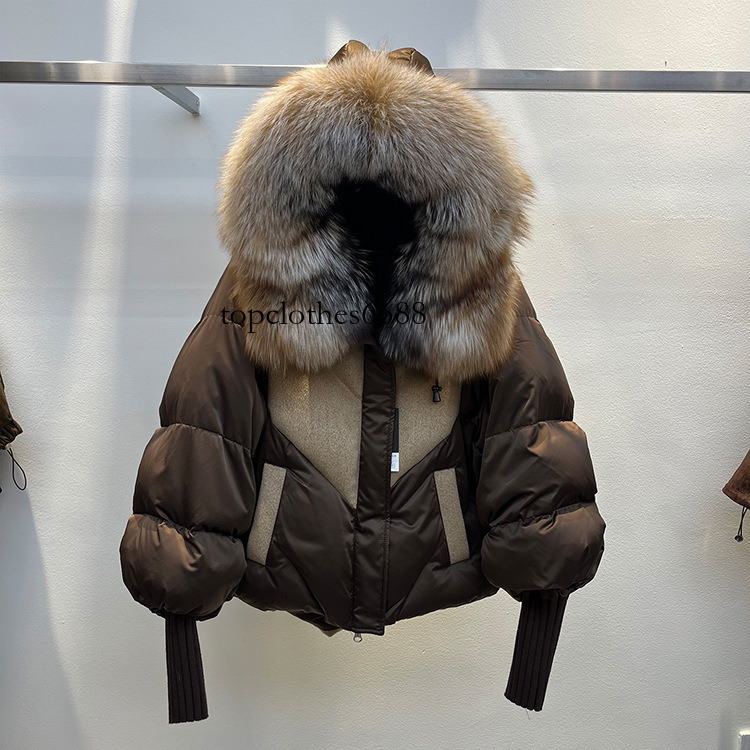 2026 Winter New Women's Short Down Jacket with Fox Fur Collar, Hooded Design, Knitted Sleeves, Loose Fit, Thickened for Warmth