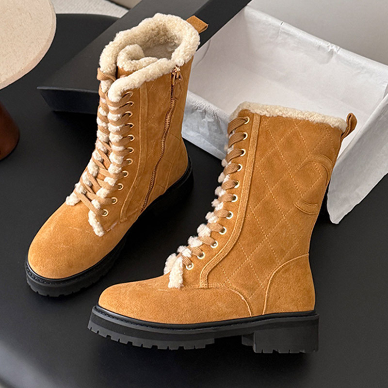 Classic Pattern Womens Lace Up Mid Top Boots Soft Suede Material Shoe Barrel Diamond Grid Design Retro Style Daily Matching Boots