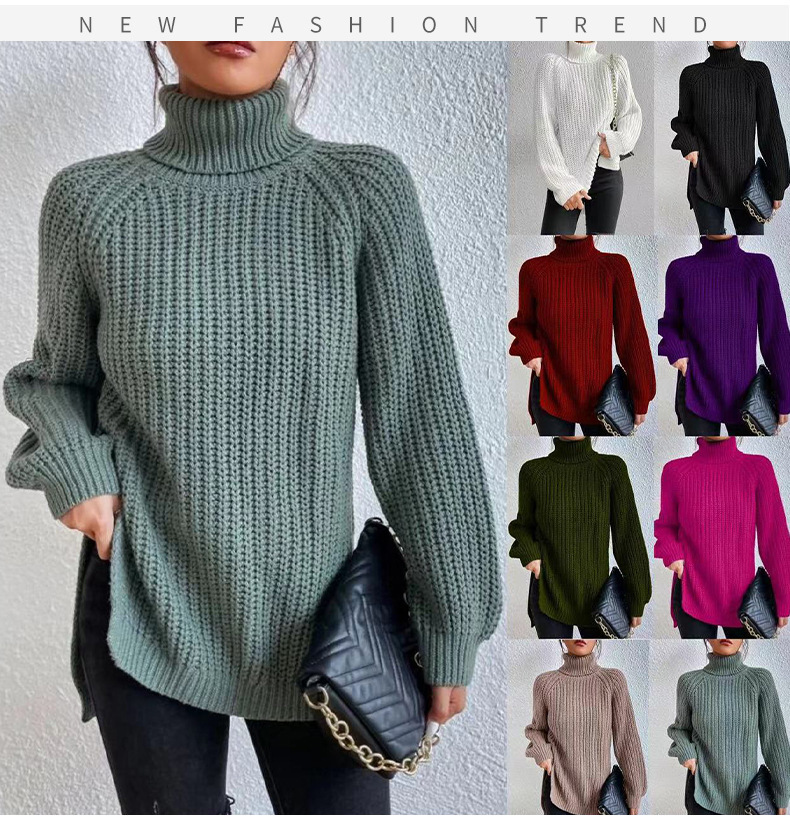 New autumn winter collection: cross-border high-neck knit sweater, mid-length, with raglan sleeves, high collar, side slits, soft and comfortable, w