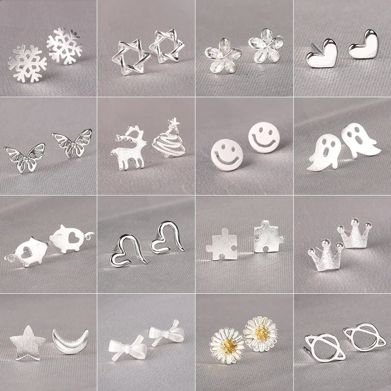 925 Silver Needles Lovely Mini Stud Earrings Women Cute Heart Star Moon Daisy Christmas Xmas Planet Butterfly Ear Studs261016