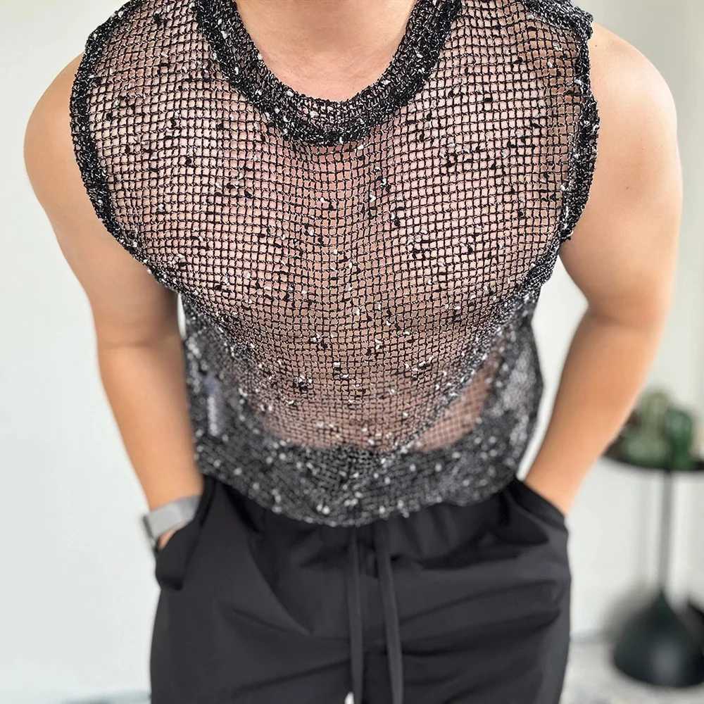 Through Men's Vests Mens See Patry Vest Tops Sexy Hollow Out Mesh Tank Shirt Spring Summer Night Club Sleeveless Men'S Clothing 2025W26101