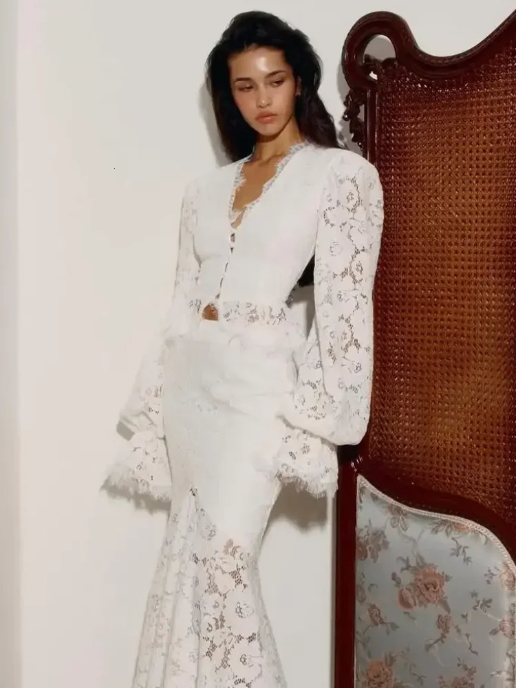 White Lace Patchwork Long Skirt Set Women Elegant Chic Full Flared Sleeve V-neck Cropped Top Suit 2026 Lady Spring Autumn Outfit 261013