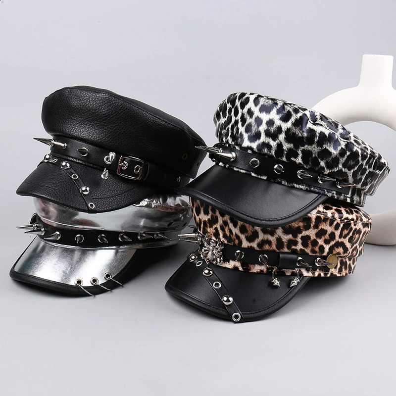 Unisex Visors Trendy Hip-hop Punk Style Flat Top Visors Fashionable Personalized Cool Y2K Leather Rivet Leopard Print Caps261016