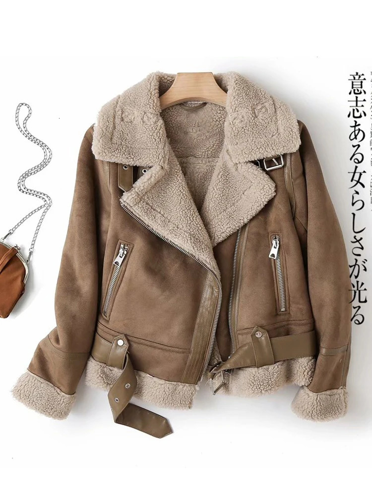 Ailegogo Women Winter Faux Shearling Sheepskin Leather Jackets Female Thick Warm Suede Lambs Short Motorcycle Brown Coat Outwear 261009