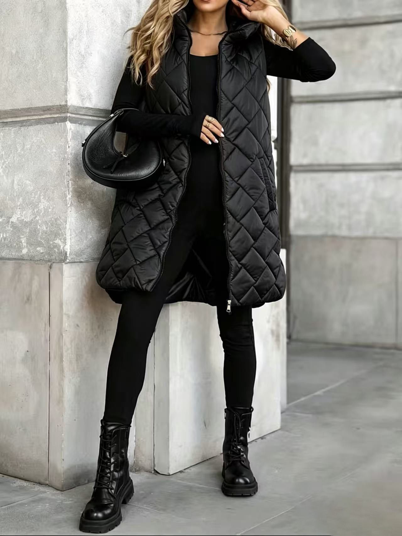 European American style cross-border plus-size women's vest jacket with hood, zipper, mid-length, loose fit, casual, versatile, and warm, whole