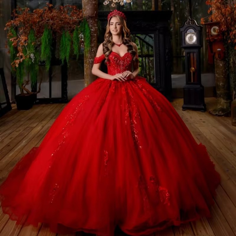 Red Glitter Quinceanera Dresses Off Shoulder Ball Gown Sweet 16 Dress Applique Lace Bow Beading Crystal Tull Party Birthday vestidos 15 de anos Deca