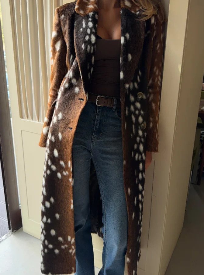 PUAL Women Brown Spotted Faux Fur Long Coat Lapel Collar Double Breasted Warm Winter y Overcoat 261016
