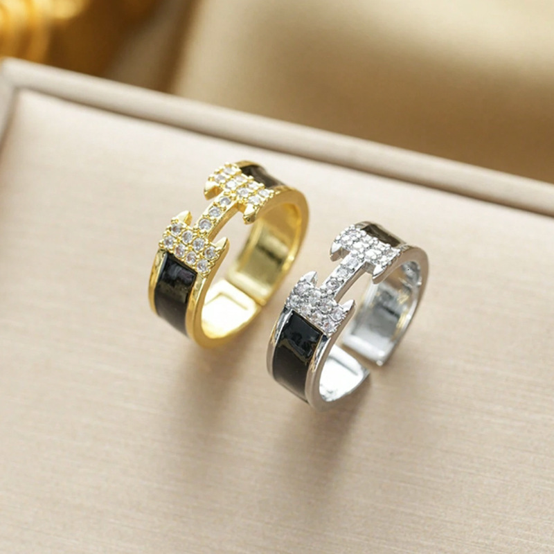 Fashion Designer Rings for Women Oil-Drip Full Diamond H Letter for Women Niche High End Luxury Adjustable Open Ring