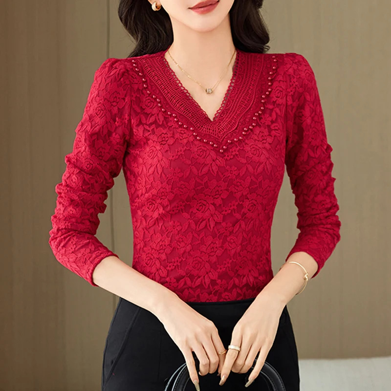 Korean Style Long-Sleeved Lace Shirt for Women's Autumn and Winter High-End Fashion Plus Size Slim Fit V-Neck Casual Top 261014