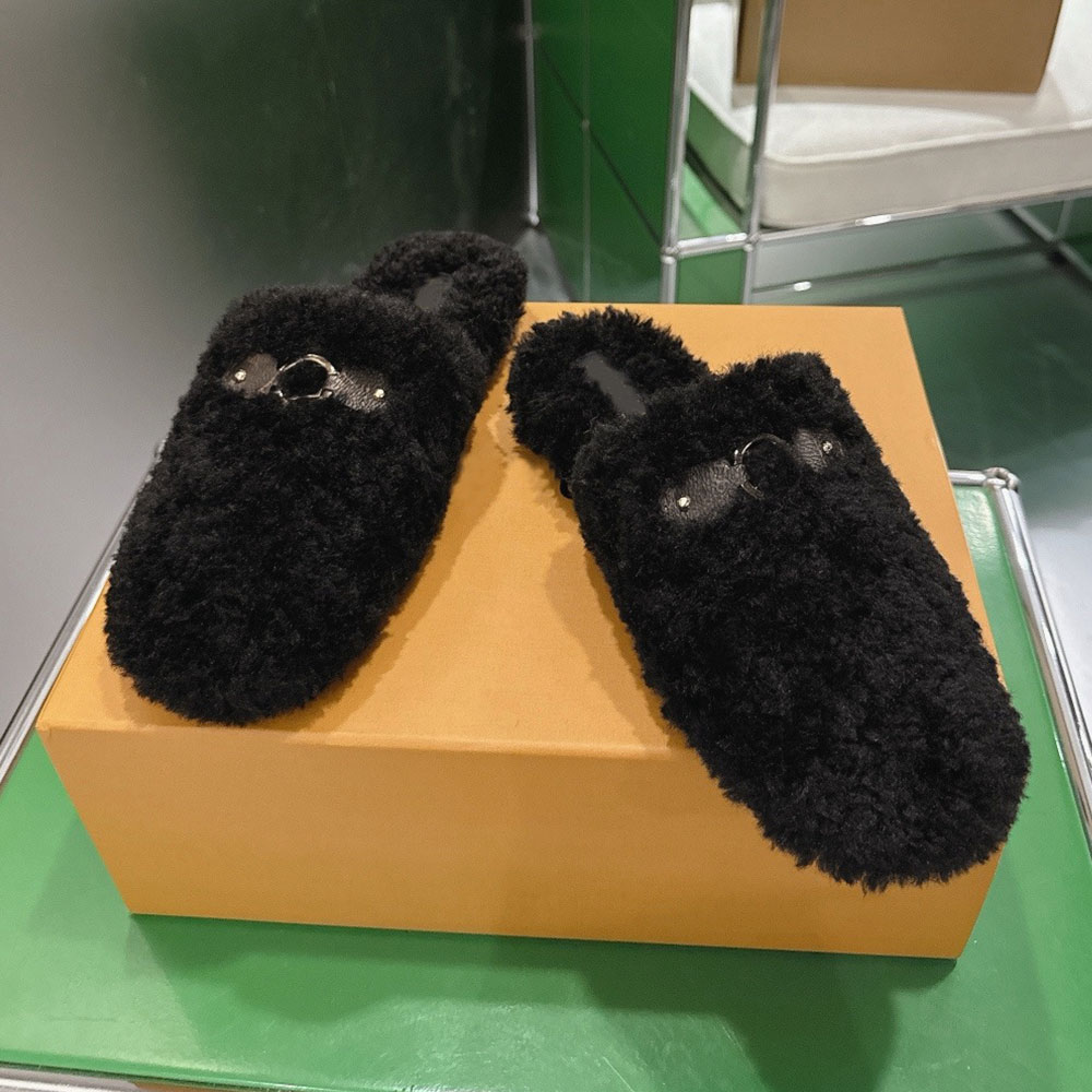 Haven Flat Open Back Mule Luxury Designer Mules 1AL0EO New Model Warm Fashion Womens Mule Signature Brand Autumn Winter Shearling Mule Rubber Outsol