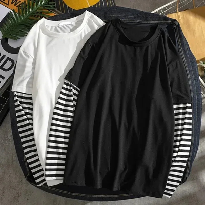 Cool Harajuku Black White Striped Y2K Long Sleeve Solid Color T-shirts Men Women Fall Two Piece Long Sleeve Loose T-shirt 261014