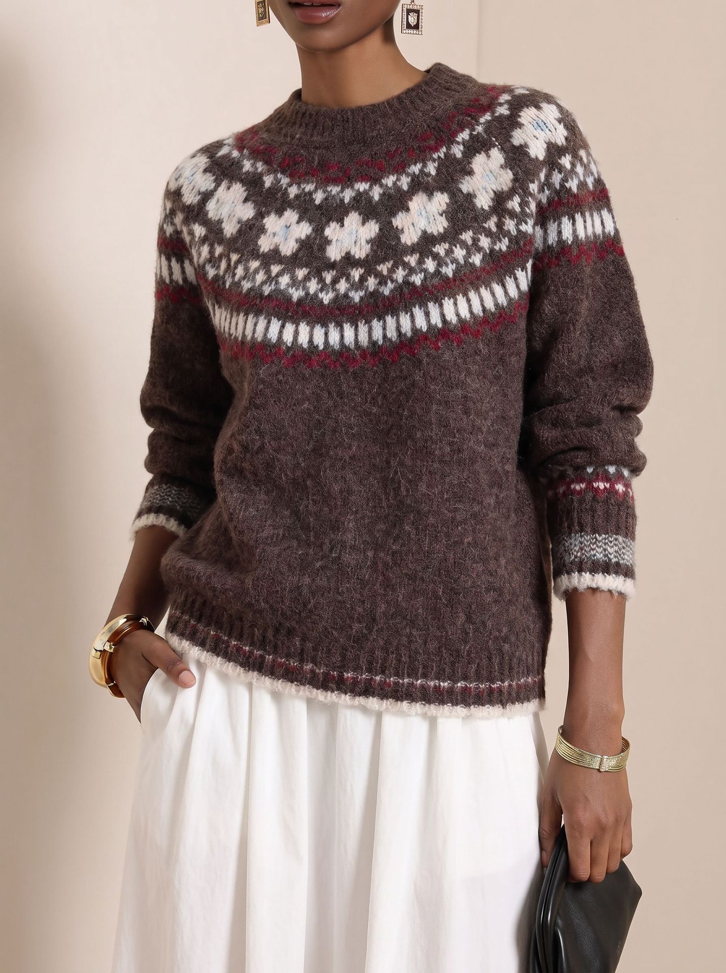 2026 New Designer Jacquard Round Neck Women's Sweater Autumn And Winter New Loose Pullover Sweater Knitted Sweater European And American Style