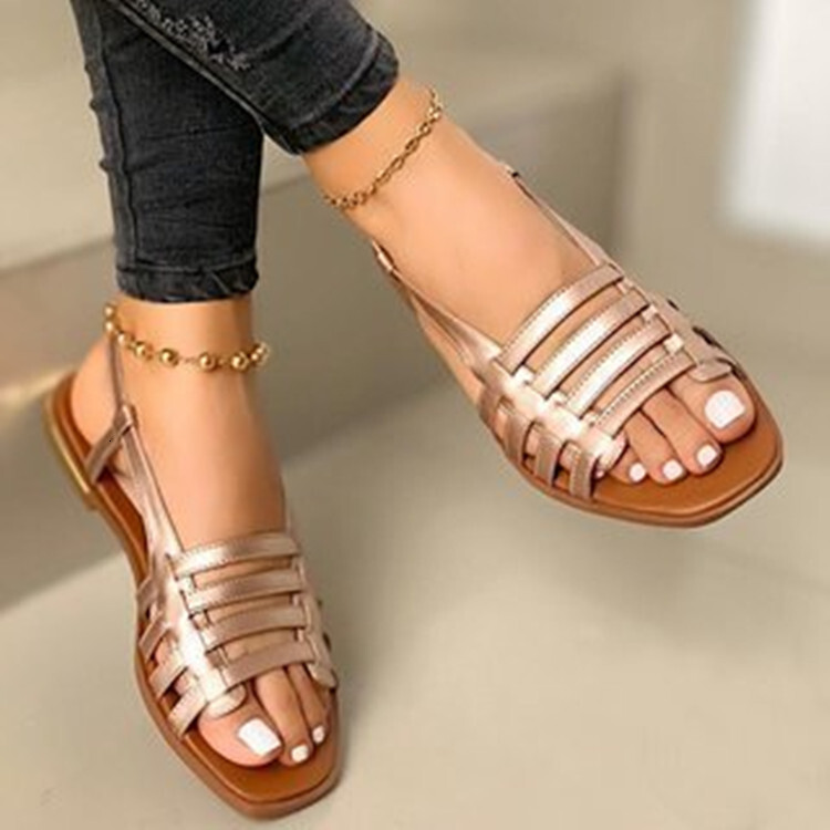 Summer New Women Hollow Woven Roman Sandals Ankle Buckle PU Leather Flat Sole Comfortable Soft Casual Boho Beach Shoes Plus Size