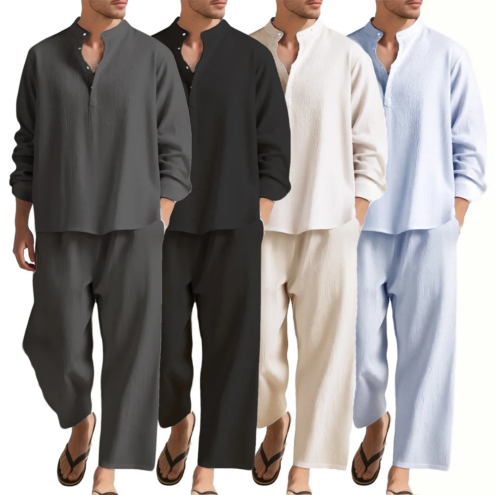 Men's Long Sleeve Shirt and Pants Suits Men Beach Wear Tracksuit Solid Color Shirts Sweatpants Hawaiian Vacation Men's Clothing 261013