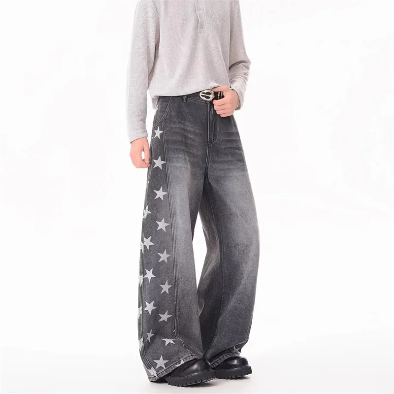 American Retro Side Star Printed Y2K Jeans For Men High Street Fashion Baggy Curved Denim Pants Hip Hop Punk Straight Jean 261013