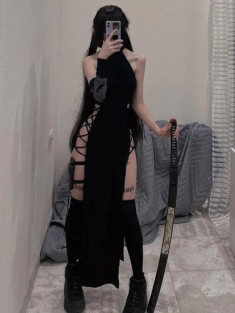 everyday Women Casual Dress Halter Lace Up Gothic Long Women Cut Out Side Sleeveless Double Slit Bodycon Tank Black Sexy Club Outfit Party Dress Lad