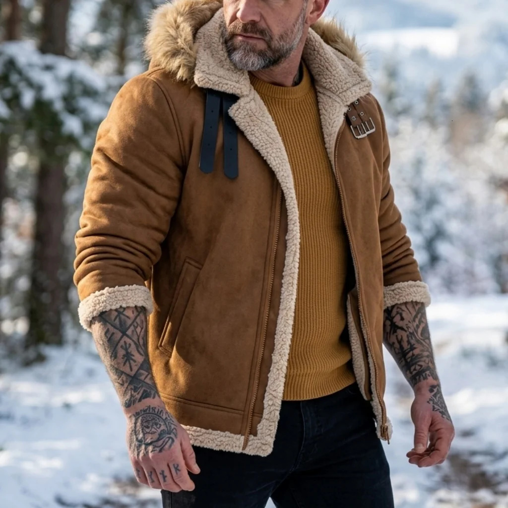 2026 Men's Faux Suede Fur Fleece Hooded Jacket Warm Casual Hiking Coat S5XL Outdoor Winter Outerwear Soft Man's Jackets 261012