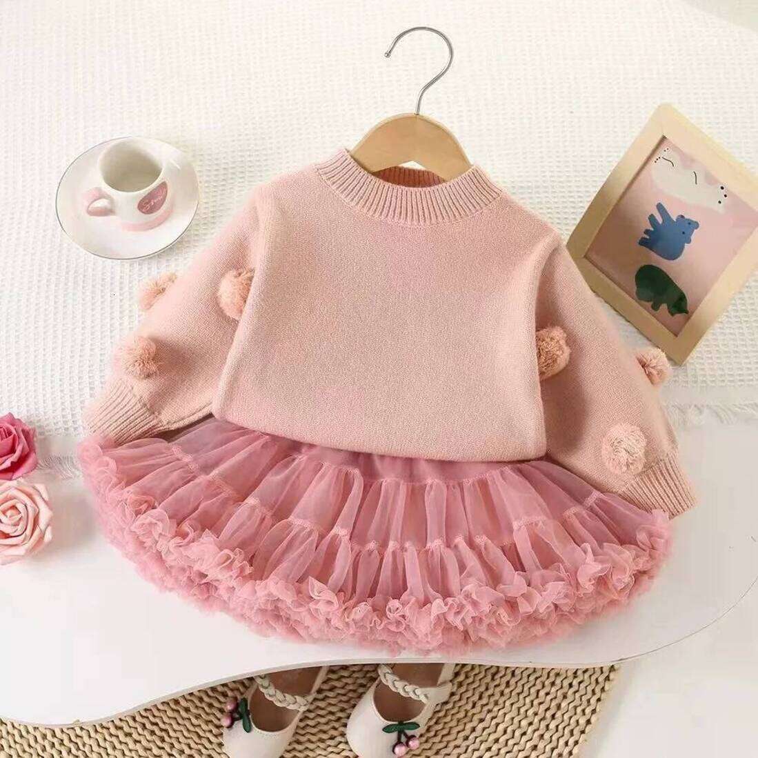 Girls Clothing Set Fashion Children Sets Pompom Knitting Sweater Tops With Tulle Tutu Skirts 2Pcs Kids two piece Pink Princess Outfits Matching Coor